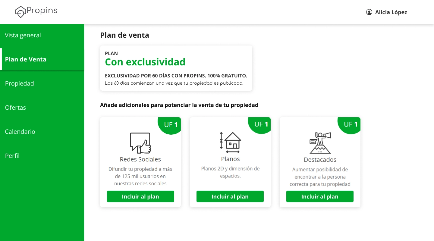 Panel de usuario — Plan de venta