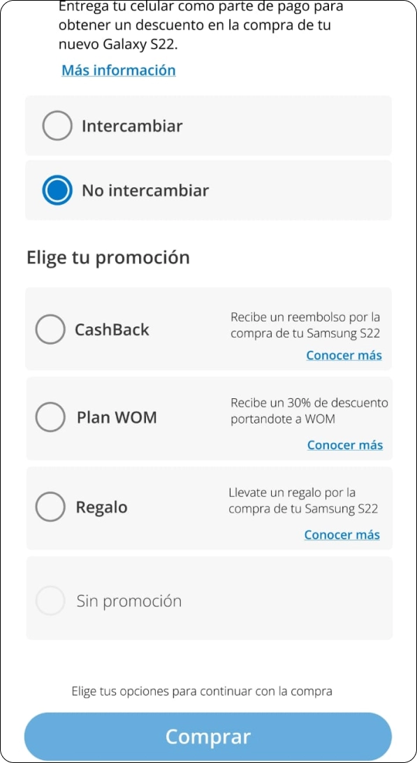 Promociones y opciones disponibles